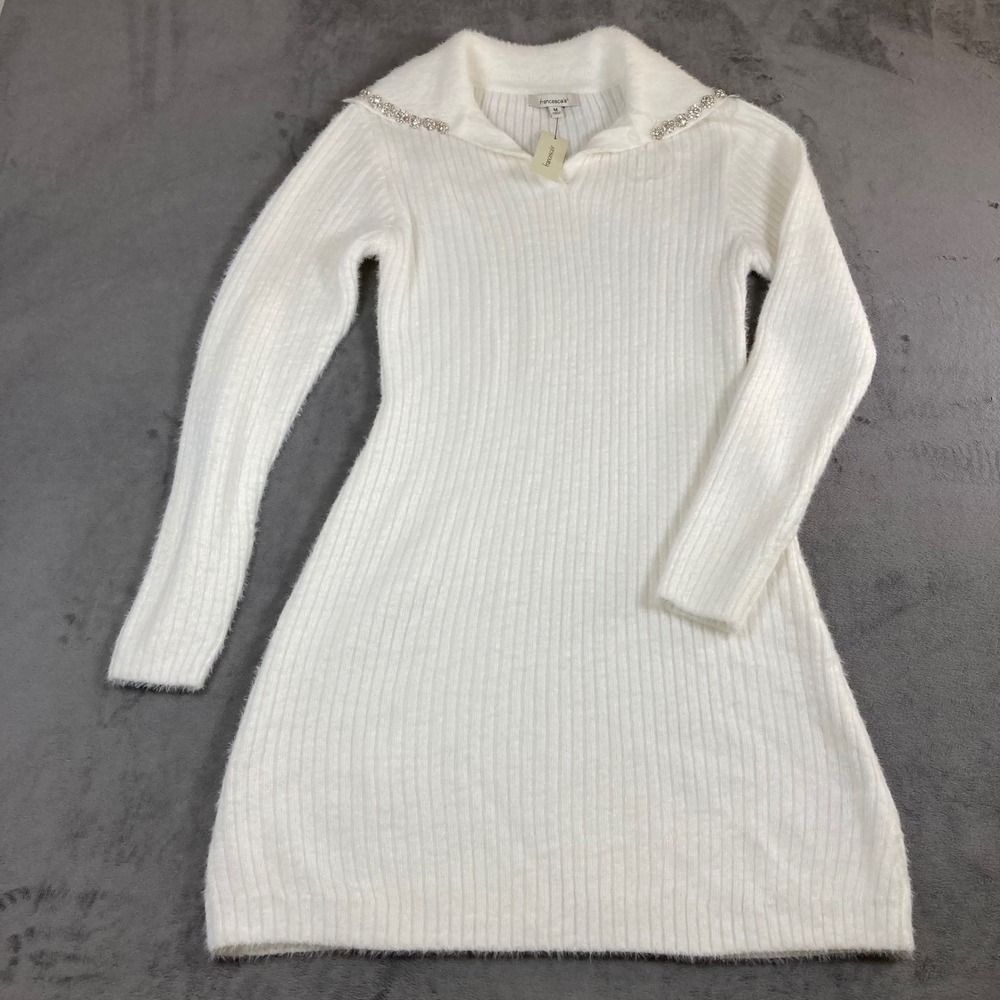 Francesca's White Fuzzy Ribbed Rhinestone Collar Sweater Dress NWT M